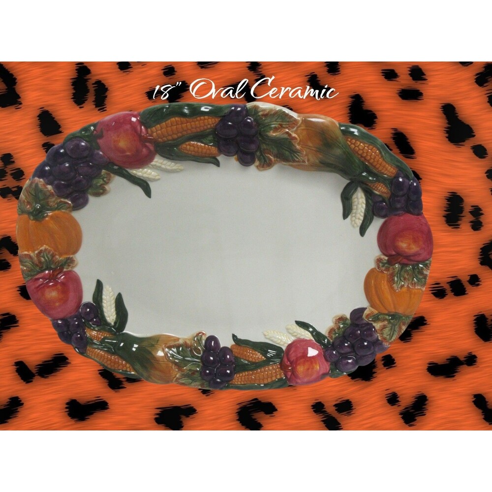 Harvest 18" Oval Ceramic Platter colorful autumn Harvest embossed edges W/Box